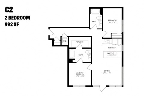 Floor plan for 2 beds, 2 baths, 992 sqft